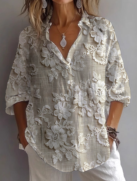 

Women Floral Long Sleeve Shirt Spring/Fall Printing Shirt Collar Daily Casual Top, Apricot, Shirts