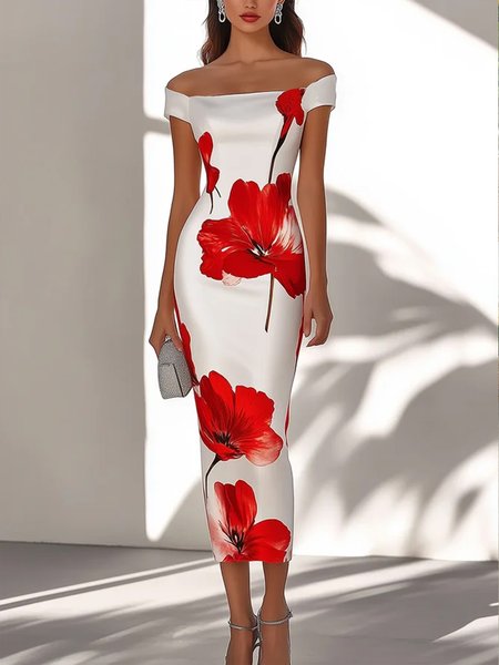 

Elegant Floral Off The Shoulder Midi Dress, Red, Midi Dresses
