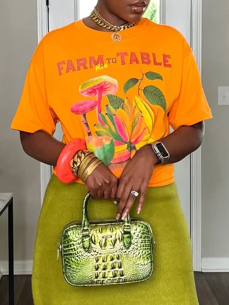 

Casual Fruit Printing Crew Neck T-shirt, Orange, Tees