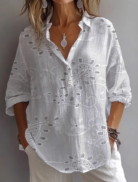 

Women Floral Long Sleeve Shirt Spring/Fall Printing Shirt Collar Daily Casual Top, White, Shirts