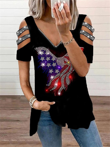 

Women Independence Day (Flag) Short Sleeve Tee T-shirt V Neck Printing Vintage Summer Tunic Top, Black, T-Shirts