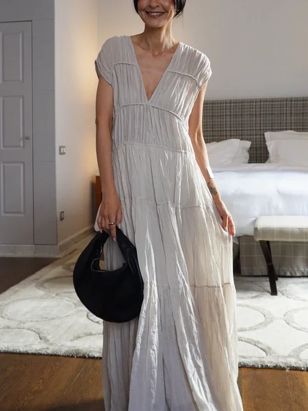 

Casual Plain Raglan Sleeves Ruched V Neck Maxi Dress, As picture, Maxi Dresses