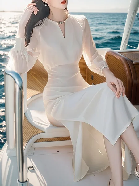 

Elegant Plain Notched Midi Dress, White, Midi Dresses