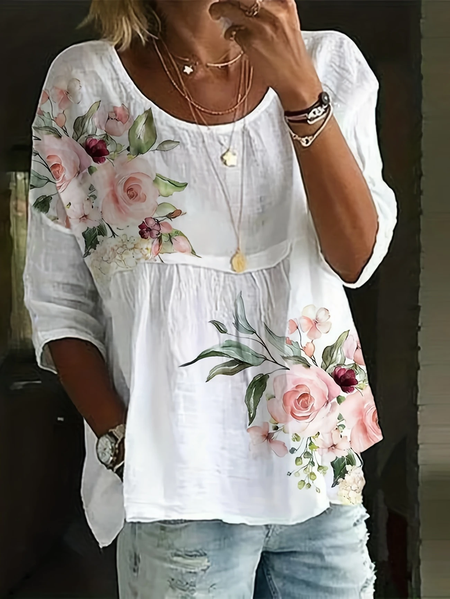 

Women Floral Half Sleeve Shirt Summer Printing Crew Neck Daily Casual Top, White, Blouses