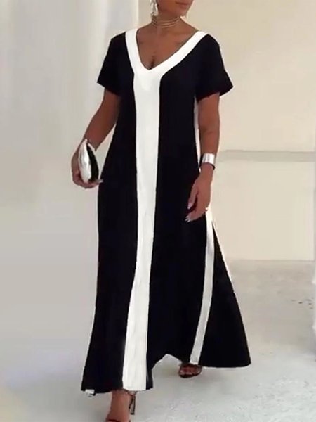

Casual Color Block V Neck Maxi Dress, Black, Maxi Dresses