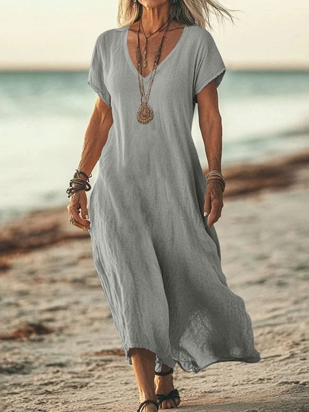 

Casual Plain V Neck Maxi Dress, Gray, Maxi Dresses