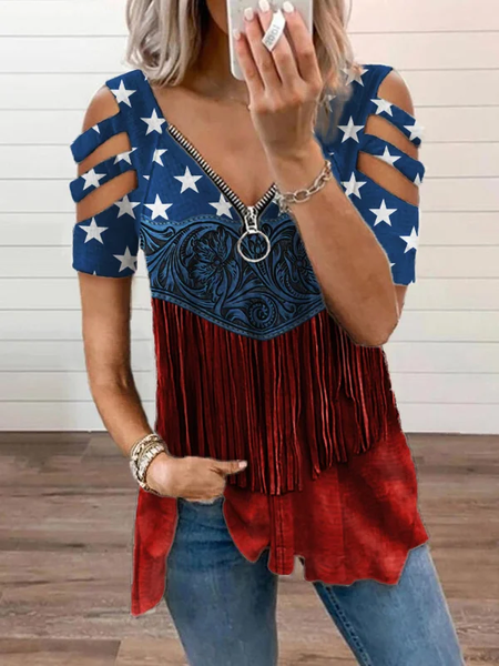 

Women Independence Day (Flag) Short Sleeve Tee T-shirt V Neck Printing Vintage Summer Tunic Top, As picture, T-Shirts
