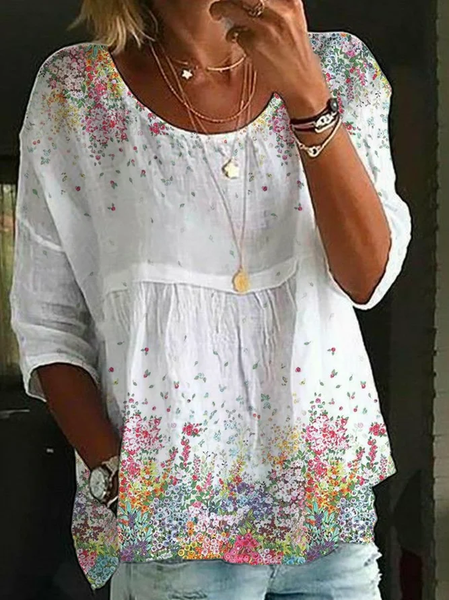 

Women Floral Half Sleeve Shirt Summer Printing Crew Neck Daily Casual Top, White, Blouses