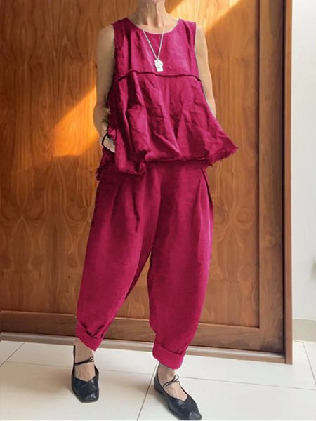 

Casual Plain Crew Neck Two-Piece Set, Deep pink, Suits