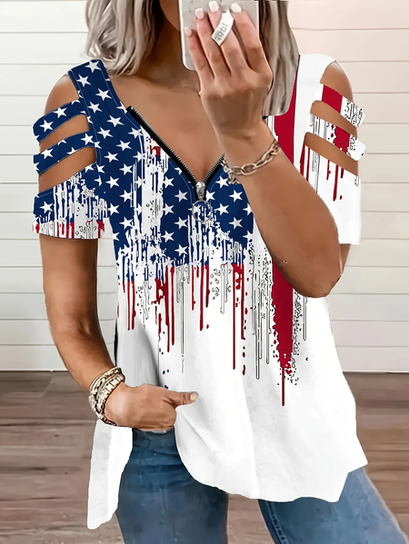 

Women Independence Day (Flag) Short Sleeve Tee T-shirt V Neck Printing Vintage Summer Tunic Top, White, T-Shirts