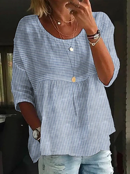 

Women Striped Half Sleeve Shirt Summer Printing Crew Neck Daily Casual Top, Blue, Blouses