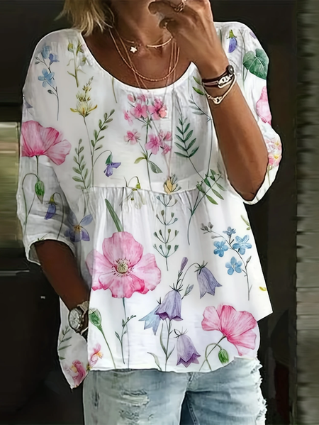

Women Floral Half Sleeve Shirt Summer Printing Crew Neck Daily Casual Top, White, Blouses