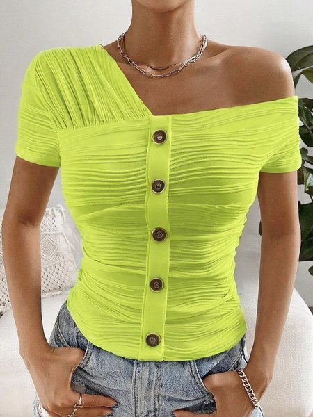 

Urban Plain Buttoned Asymmetrical T-shirt, As picture, Tees