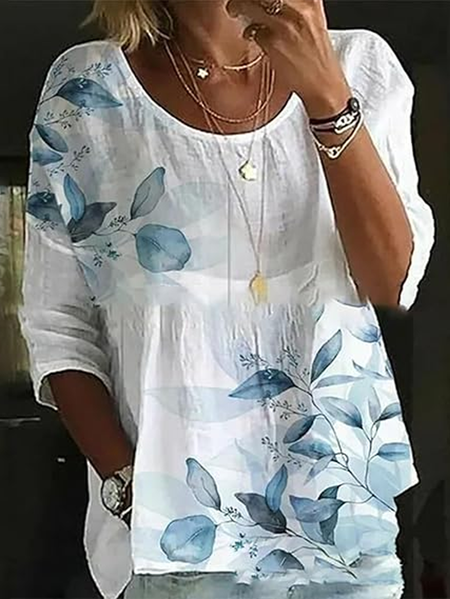 

Women Floral Half Sleeve Shirt Summer Printing Crew Neck Daily Casual Top, White, Blouses