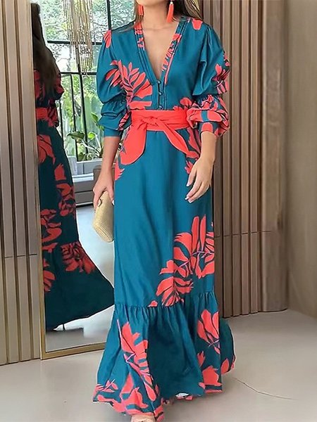 

Women Floral Long Sleeve Spring/Fall Printing Dress V Neck Daily Vintage Maxi Ruffle Skirt A-Line Dress, Lake blue, Dresses