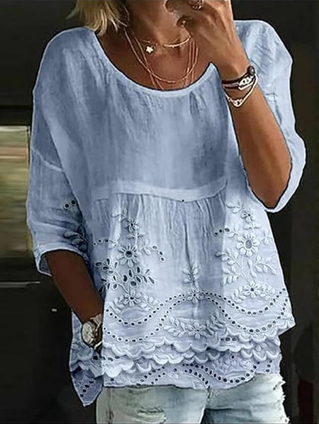 

Women Floral Half Sleeve Shirt Summer Printing Crew Neck Daily Casual Top, Blue, Blouses