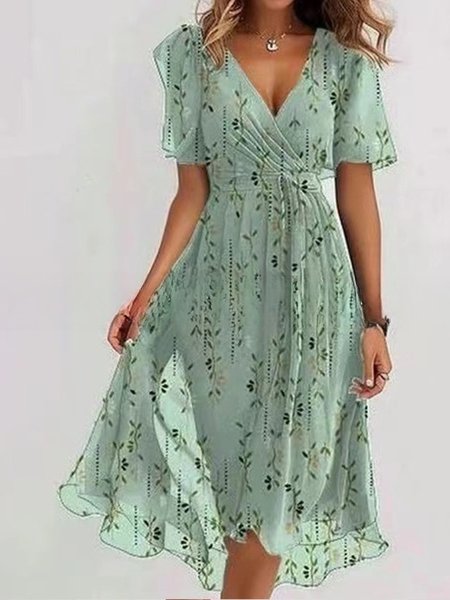 

Women Floral Short Sleeve Summer Printing Dress V Neck Daily Vintage Maxi Ruffle Skirt A-Line Dress, Mint, Dresses