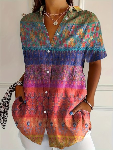 

Women Floral Short Sleeve Shirt Summer Printing Shirt Collar Daily Casual Top, As picture, Shirts