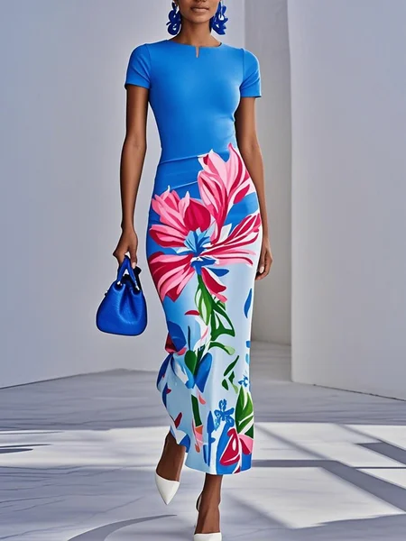 

Elegant Floral Printing Notched Maxi Dress, Blue, Maxi Dresses