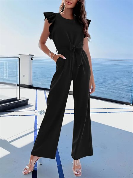 

Women Plain Crew Neck Sleeveless Casual Ruffle Sleeve Summer Jumpsuit, Black, Jumpsuits＆Rompers