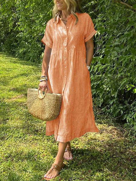 

Casual Striped Shirt Collar Maxi Dress, Orange, Maxi Dresses