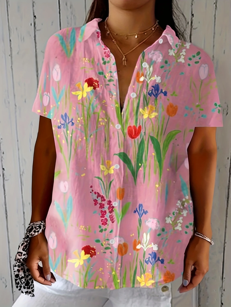 

Women Floral Short Sleeve Shirt Summer Printing Shirt Collar Daily Casual Top, Pink, Shirts