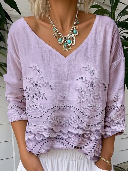 

Vintage Floral V Neck Long Sleeve T-shirt, Purple, T-shirts