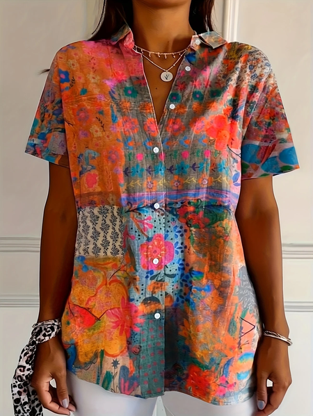 

Women Floral Short Sleeve Shirt Summer Printing Shirt Collar Daily Casual Top, Orange, Shirts