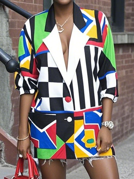 

Urban Printing Geometric Lapel Collar Blazer, As picture, Blazers