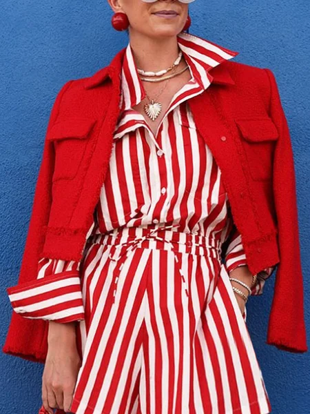 

Casual Striped Shirt Collar Shirt, Red, Blouses and Shirts