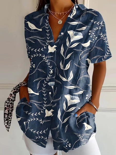 

Women Floral Short Sleeve Shirt Summer Printing Shirt Collar Daily Casual Top, Purplish blue, Shirts