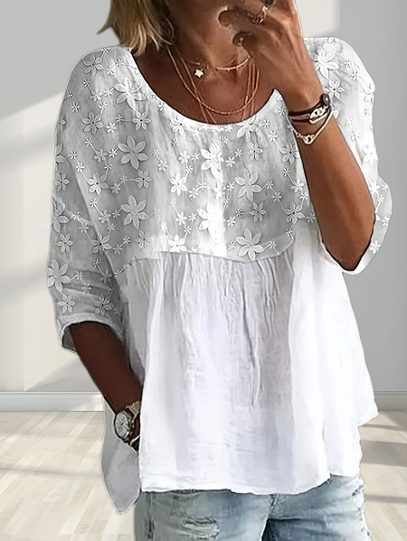 

Women Floral Half Sleeve Shirt Summer Printing Crew Neck Daily Casual Top, White, Blouses