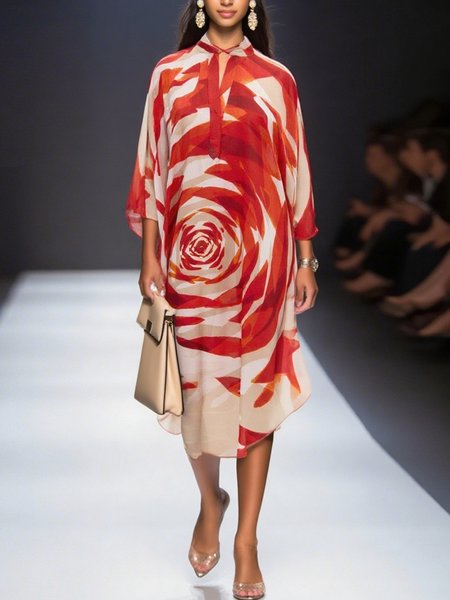 

Elegant Floral Dolman Sleeve Printing Stand Collar Midi Dress, Red, Midi Dresses