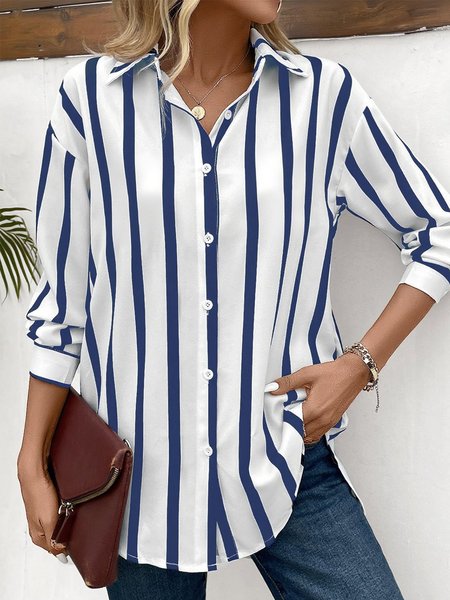

Shirt Collar Loose Striped Vintage Shirt, Blue, Blouses & Shirts