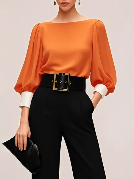 

Urban Color Block Crew Neck Balloon Sleeve Blouse, Orange, Blouses and Shirts