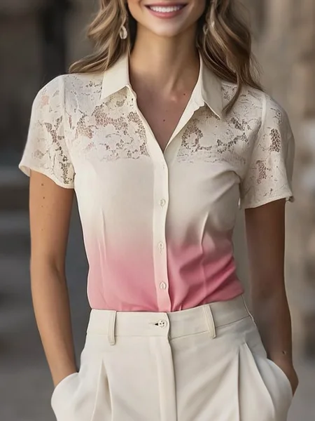

Urban Ombre Printing Lace Shirt Collar Shirt, As picture, Blouses and Shirts