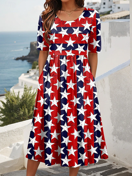 

Women Star Summer Dress Crew Neck Short Sleeve A-Line Dress, As picture, Dresses
