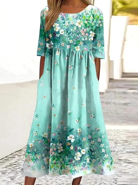 

Women Floral Summer Dress Crew Neck Short Sleeve A-Line Dress, As picture, Dresses