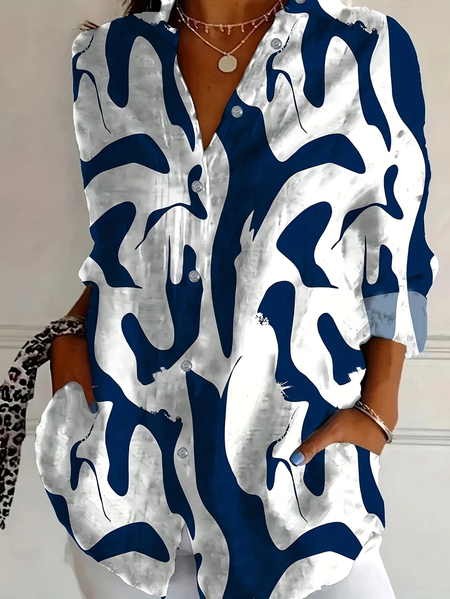 

Women Abstract Long Sleeve Shirt Spring/Fall Buckle Shirt Collar Daily Casual Top, White, Shirts