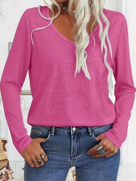 

V Neck Long Sleeve Plain Regular Micro-Elasticity Loose Blouse For Women, Rose red, T-shirts