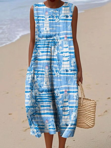 

Women Sea Summer Dress Crew Neck Sleeveless A-Line Dress, Blue, Dresses