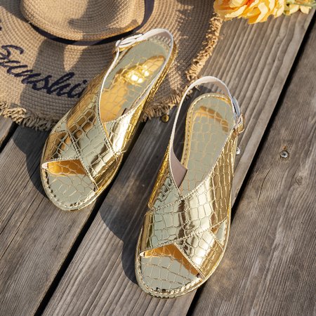 

Casual Plain Slip On Flat Heel Slide Sandals, Golden, Sandals