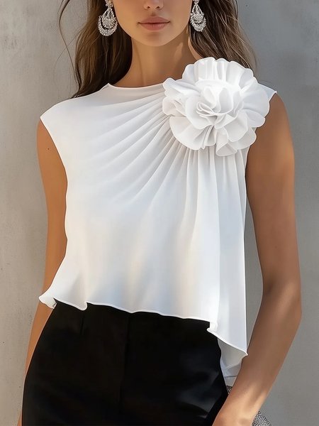 

Urban Plain 3D Floral Crew Neck Tank Top, White, Tanks and Camis