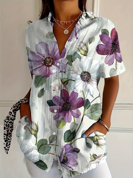 

Women Floral Short Sleeve Shirt Summer Printing Shirt Collar Daily Casual Top, White, Shirts