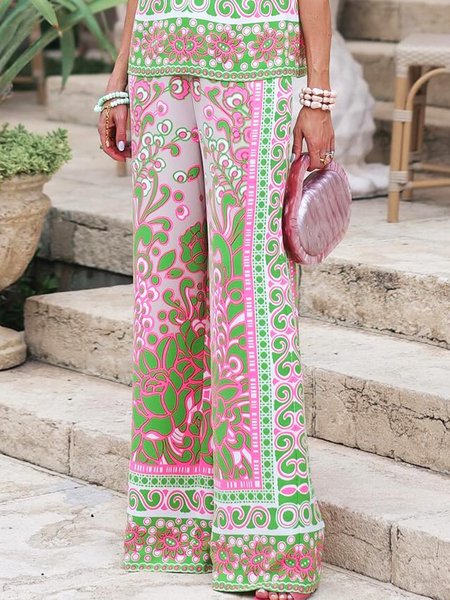 

Vacation Floral Printing Fashion Straight Pants, As picture, Pants