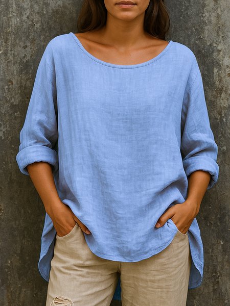 

Casual Plain Crew Neck Long Sleeve T-shirt, Sky blue, T-shirts