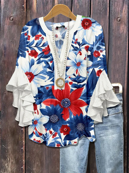 

Women Floral Half Sleeve Shirt Summer Printing V Neck Daily Casual Top, White, Shirts