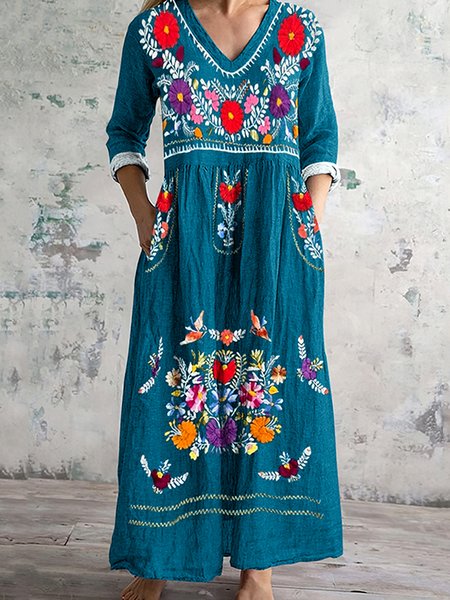 

Women Floral Spring/Fall Dress Crew Neck Long Sleeve A-Line Dress, Blue, Dresses