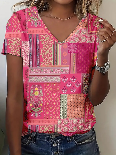 

Casual Floral V Neck Short Sleeve T-shirt, As picture, T-shirts