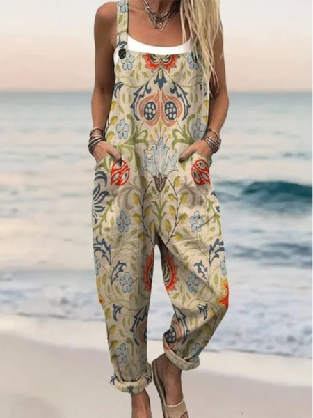 

Women Paisley Square Neck Gallus Casual Summer Cotton And Linen Jumpsuit, Khaki, Jumpsuits&Rompers